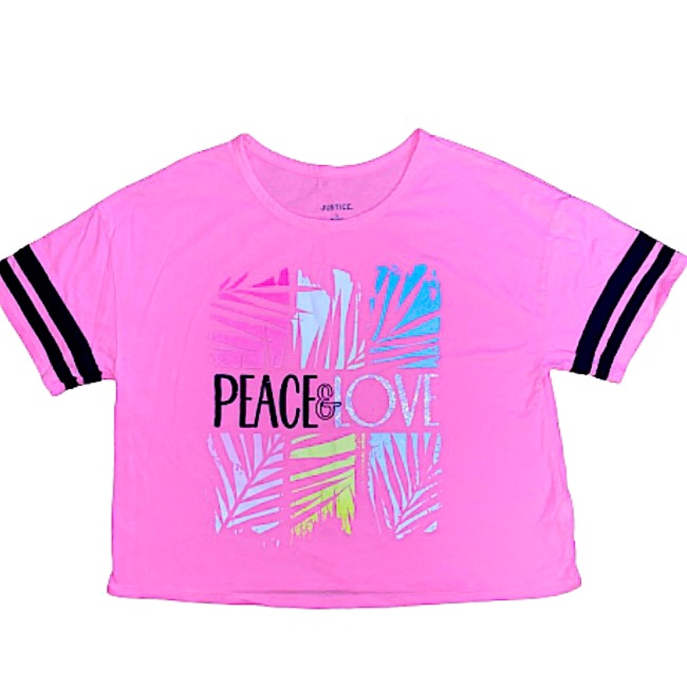 Justice Girls Size L Retro Pink Striped Sleeves ‘Peace & Love’ Crop Top